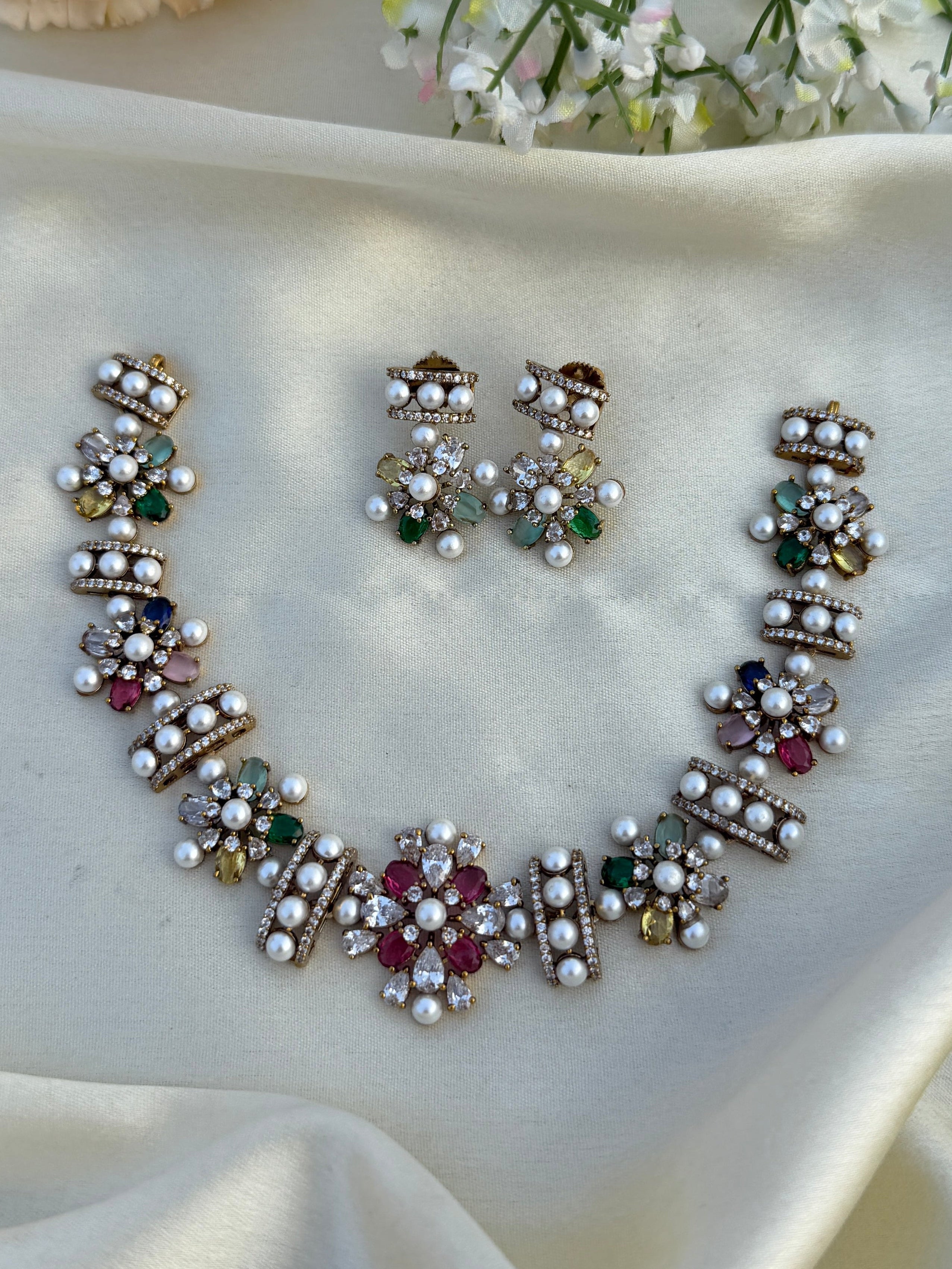 Pearl Multi floral AD necklace (EK063)