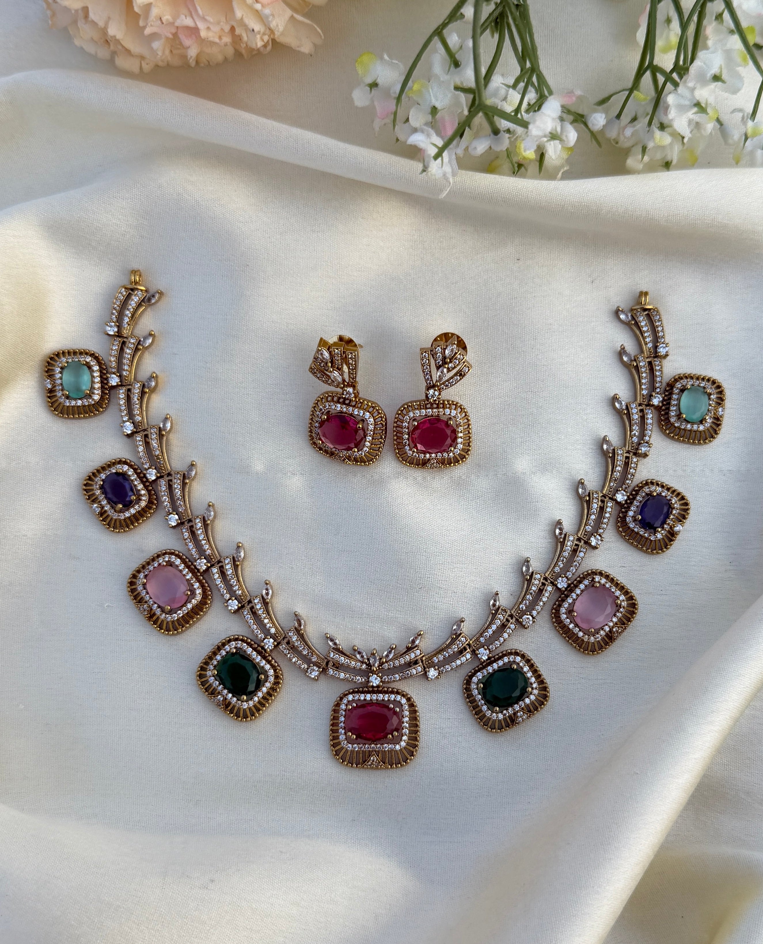 Multi colour square AD necklace (EK084)